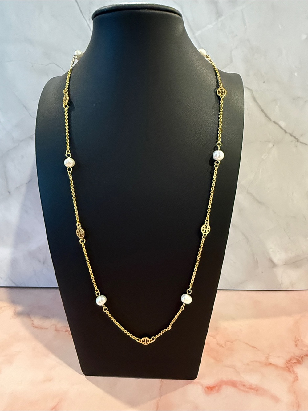 Tory Burch | Gold Plated Logo & Pearl Toggle Link Necklace
